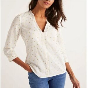 Boden Rosanna Embroidered Gold Foil Polka Dot V Neck Blouse White Size 10